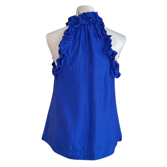 Vintage Y2K 100% Silk Ruffle Neck Sleeveless Blouse Cobalt Blue Top Size S - Picture 2 of 6